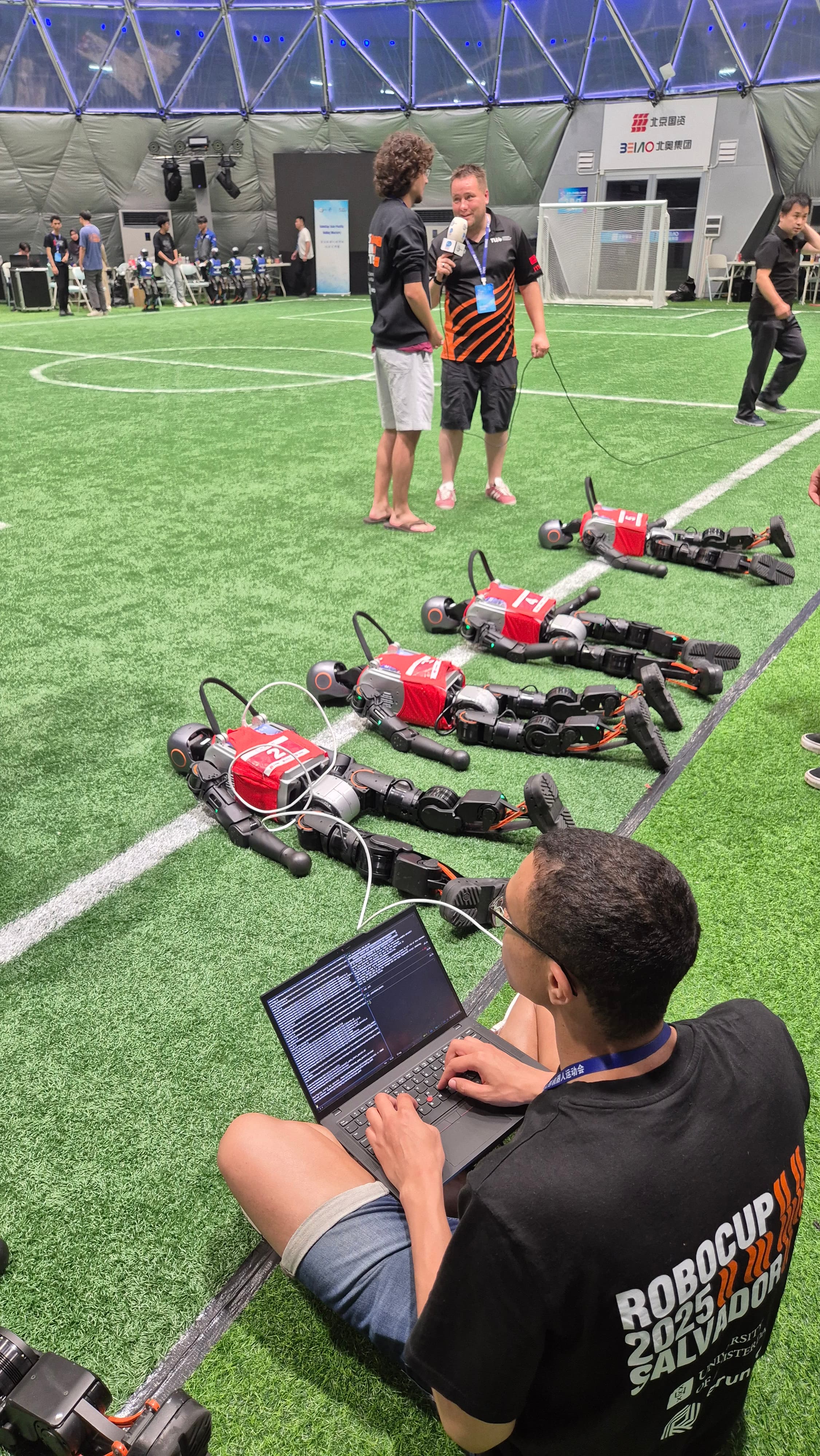 Preparing for a match during evening competitions.